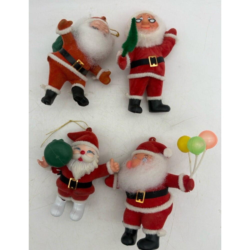 Vintage Flocked Santa Christmas Ornament Lot Plastic Felt Mid Century